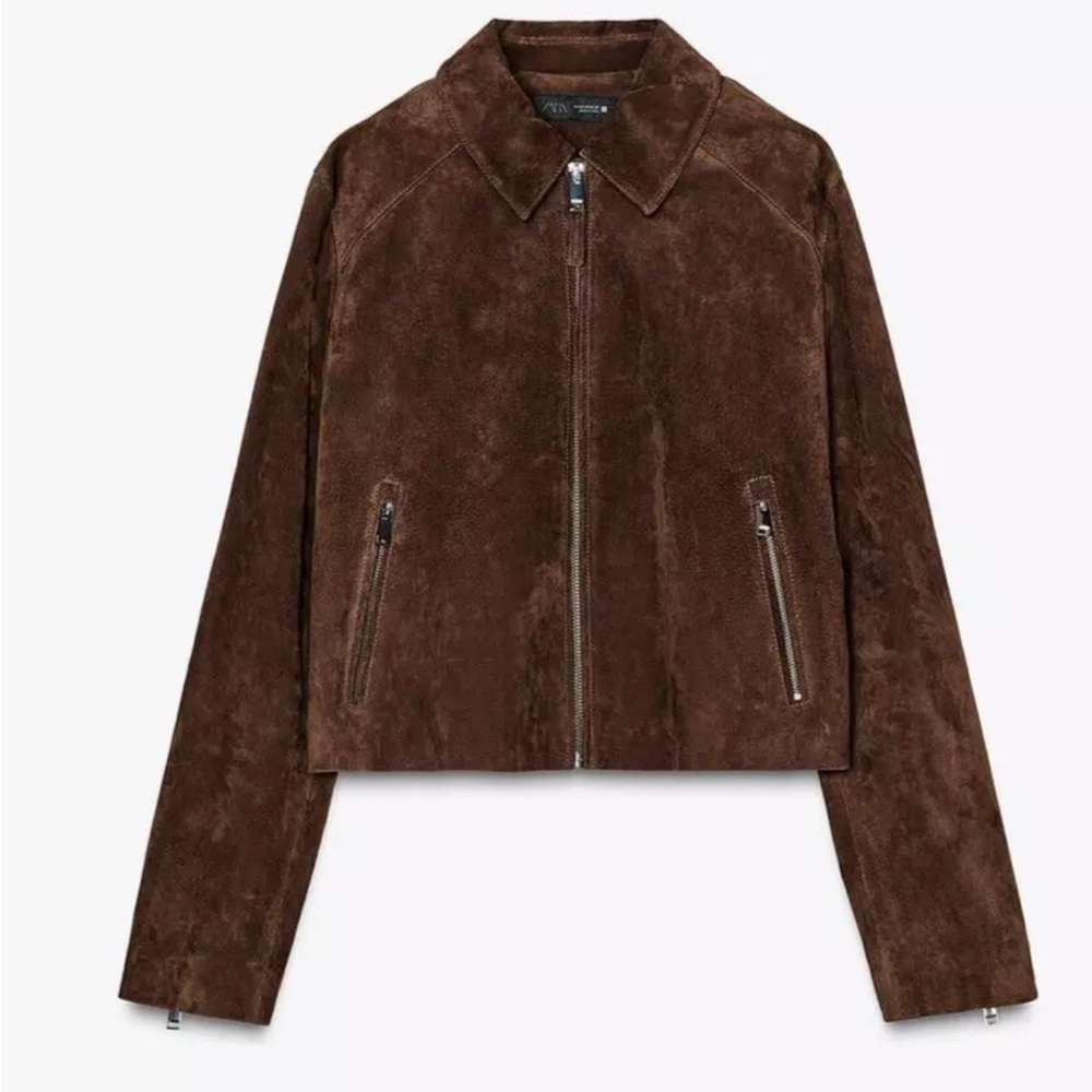 ZARA Brown Suede Leather Women's Jacket with silver zippers size S